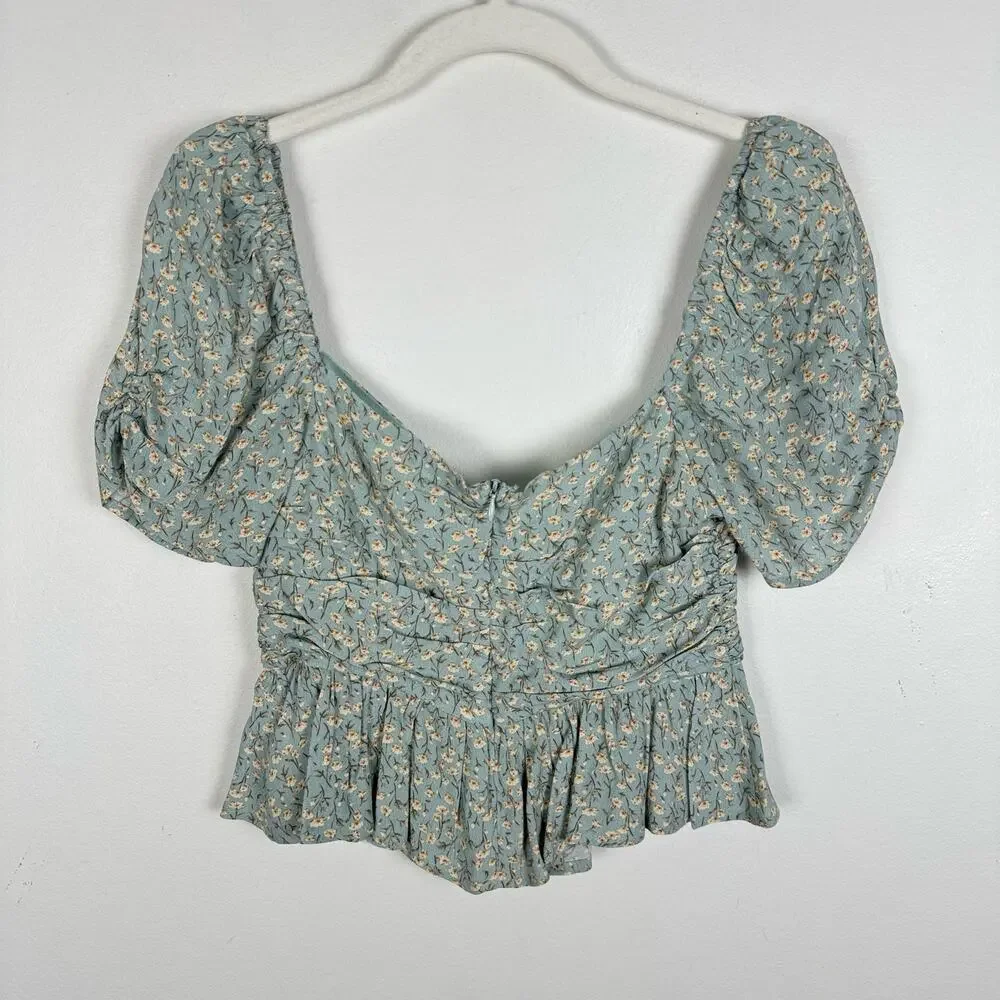ASTR The Label Blue Ditsy Floral Cropped Peplum Ruched Top Puff Sleeve Size S